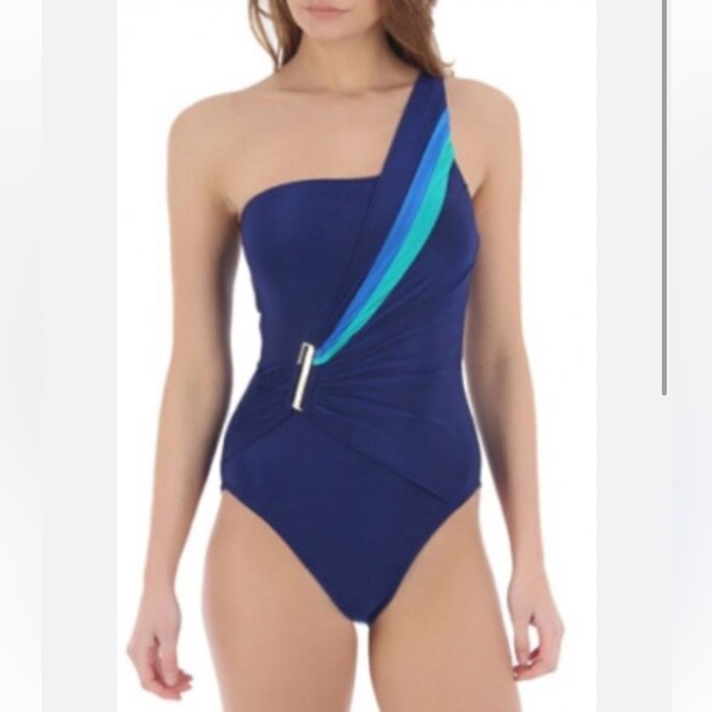 La Blanca Mahalo My Diablo One Shoulder One Piece‎ Bright Blue Size 10